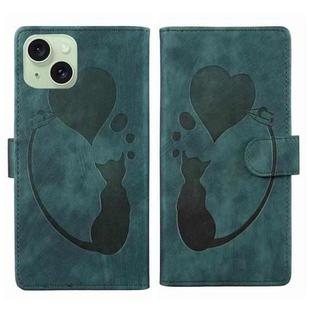For iPhone 15 Pen Heart Cat Embossed Leather Phone Case(Green)