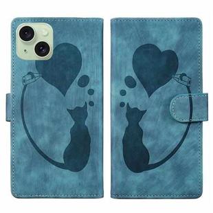 For iPhone 15 Pen Heart Cat Embossed Leather Phone Case(Blue)