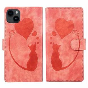 For iPhone 14 Plus Pen Heart Cat Embossed Leather Phone Case(Orange)