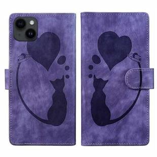 For iPhone 14 Pen Heart Cat Embossed Leather Phone Case(Purple)