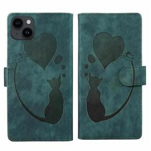 For iPhone 14 Pen Heart Cat Embossed Leather Phone Case(Green)