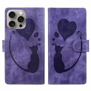 For iPhone 14 Pro Pen Heart Cat Embossed Leather Phone Case(Purple)