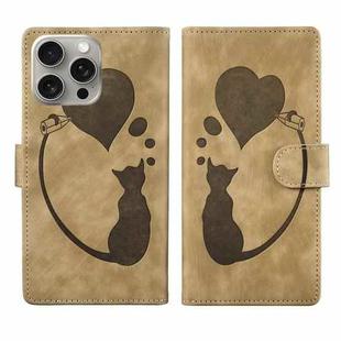 For iPhone 14 Pro Max Pen Heart Cat Embossed Leather Phone Case(Apricot)
