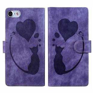 For iPhone 7 / 8 / SE 2022 Pen Heart Cat Embossed Leather Phone Case(Purple)