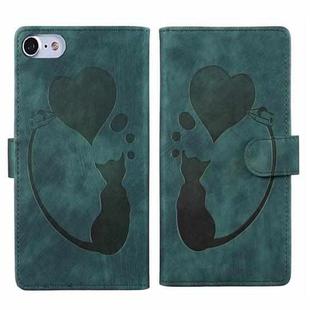 For iPhone 7 / 8 / SE 2022 Pen Heart Cat Embossed Leather Phone Case(Green)