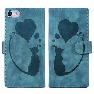 For iPhone 7 / 8 / SE 2022 Pen Heart Cat Embossed Leather Phone Case(Blue)