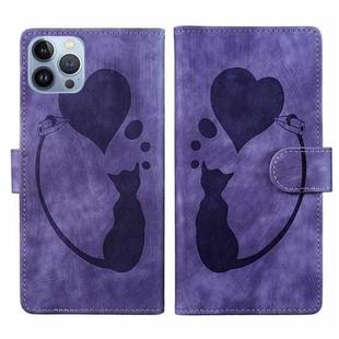 For iPhone 13 Pro Max Pen Heart Cat Embossed Leather Phone Case(Purple)