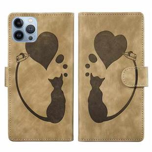 For iPhone 13 Pro Max Pen Heart Cat Embossed Leather Phone Case(Apricot)