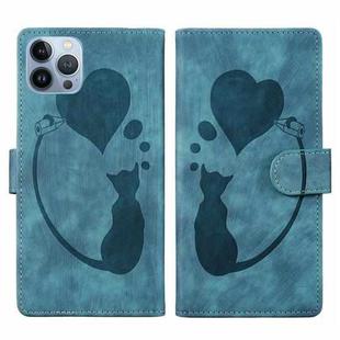 For iPhone 13 Pro Max Pen Heart Cat Embossed Leather Phone Case(Blue)