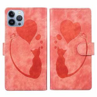 For iPhone 13 Pro Pen Heart Cat Embossed Leather Phone Case(Orange)