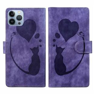 For iPhone 13 Pro Pen Heart Cat Embossed Leather Phone Case(Purple)