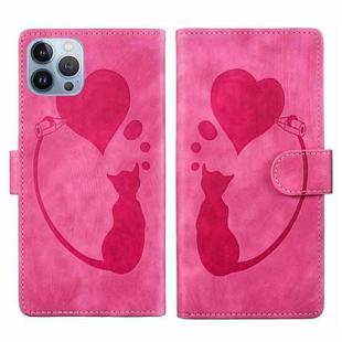 For iPhone 13 Pro Pen Heart Cat Embossed Leather Phone Case(Pink)