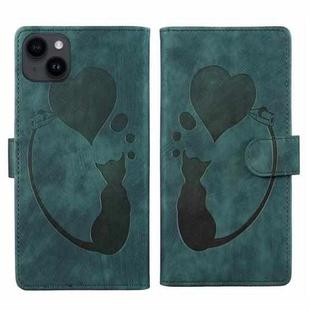 For iPhone 13 Pen Heart Cat Embossed Leather Phone Case(Green)