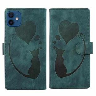 For iPhone 12 Pen Heart Cat Embossed Leather Phone Case(Green)