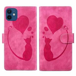 For iPhone 12 Pen Heart Cat Embossed Leather Phone Case(Pink)