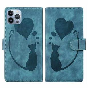 For iPhone 12 Pro Max Pen Heart Cat Embossed Leather Phone Case(Blue)