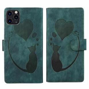 For iPhone 11 Pro Max Pen Heart Cat Embossed Leather Phone Case(Green)