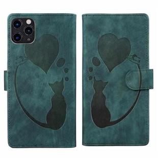 For iPhone 11 Pro Pen Heart Cat Embossed Leather Phone Case(Green)