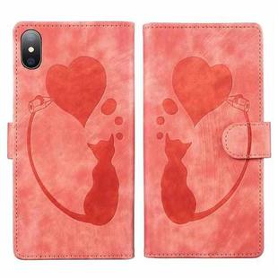For iPhone X / XS Pen Heart Cat Embossed Leather Phone Case(Orange)