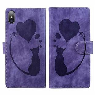 For iPhone X / XS Pen Heart Cat Embossed Leather Phone Case(Purple)