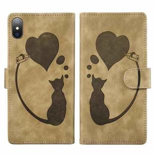 For iPhone X / XS Pen Heart Cat Embossed Leather Phone Case(Apricot)