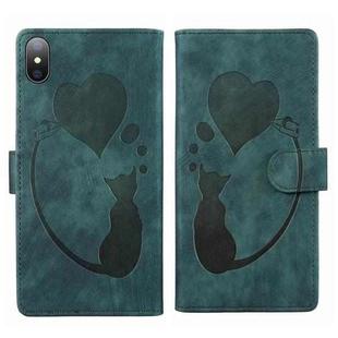 For iPhone X / XS Pen Heart Cat Embossed Leather Phone Case(Green)