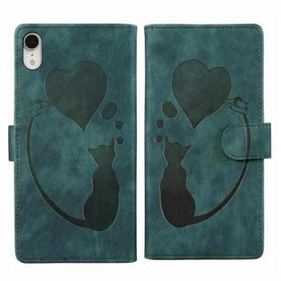 For iPhone XR Pen Heart Cat Embossed Leather Phone Case(Green)