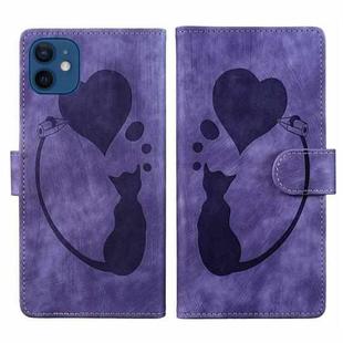 For iPhone 12 mini Pen Heart Cat Embossed Leather Phone Case(Purple)