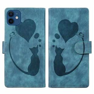 For iPhone 12 mini Pen Heart Cat Embossed Leather Phone Case(Blue)