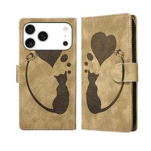 For iPhone 17 Pro Max Pen Heart Cat Embossed Leather Phone Case(Apricot)