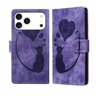 For iPhone 17 Pro Pen Heart Cat Embossed Leather Phone Case(Purple)