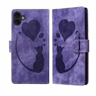 For iPhone 17 Pen Heart Cat Embossed Leather Phone Case(Purple)