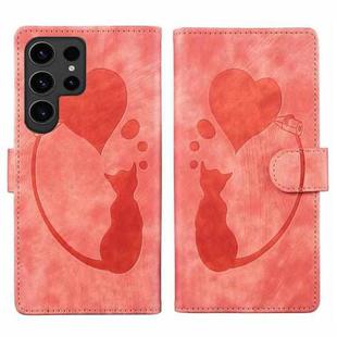 For Samsung Galaxy S24 Ultra 5G Pen Heart Cat Embossed Leather Phone Case(Orange)