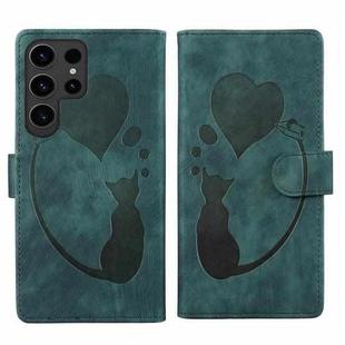 For Samsung Galaxy S24 Ultra 5G Pen Heart Cat Embossed Leather Phone Case(Green)