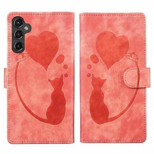 For Samsung Galaxy S24+ 5G Pen Heart Cat Embossed Leather Phone Case(Orange)