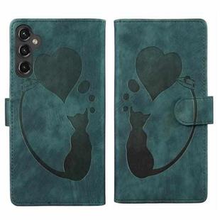 For Samsung Galaxy S24+ 5G Pen Heart Cat Embossed Leather Phone Case(Green)