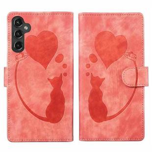 For Samsung Galaxy S24 5G Pen Heart Cat Embossed Leather Phone Case(Orange)