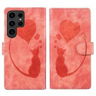 For Samsung Galaxy S23 Ultra 5G Pen Heart Cat Embossed Leather Phone Case(Orange)