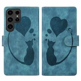 For Samsung Galaxy S23 Ultra 5G Pen Heart Cat Embossed Leather Phone Case(Blue)