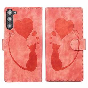 For Samsung Galaxy S23+ 5G Pen Heart Cat Embossed Leather Phone Case(Orange)