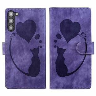 For Samsung Galaxy S23+ 5G Pen Heart Cat Embossed Leather Phone Case(Purple)