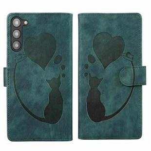 For Samsung Galaxy S23+ 5G Pen Heart Cat Embossed Leather Phone Case(Green)