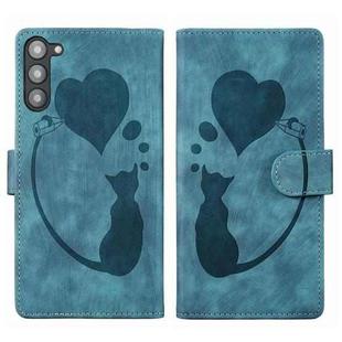 For Samsung Galaxy S23+ 5G Pen Heart Cat Embossed Leather Phone Case(Blue)