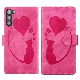 For Samsung Galaxy S23+ 5G Pen Heart Cat Embossed Leather Phone Case(Pink)