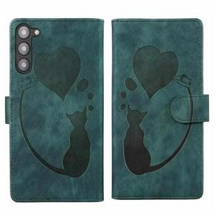 For Samsung Galaxy S23 5G Pen Heart Cat Embossed Leather Phone Case(Green)