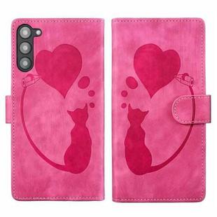 For Samsung Galaxy S23 5G Pen Heart Cat Embossed Leather Phone Case(Pink)