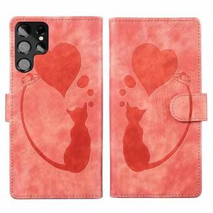 For Samsung Galaxy S22 Ultra 5G Pen Heart Cat Embossed Leather Phone Case(Orange)