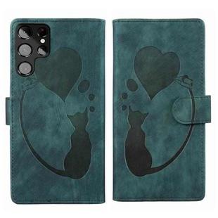 For Samsung Galaxy S22 Ultra 5G Pen Heart Cat Embossed Leather Phone Case(Green)