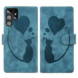 For Samsung Galaxy S22 Ultra 5G Pen Heart Cat Embossed Leather Phone Case(Blue)