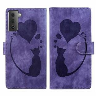 For Samsung Galaxy S22+ 5G Pen Heart Cat Embossed Leather Phone Case(Purple)